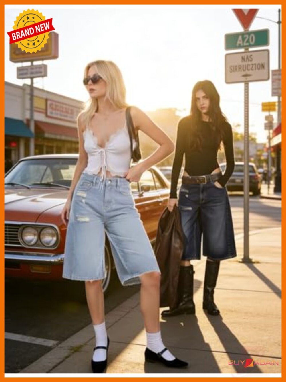 Distressed Denim Bermuda Shorts with Wide Leg High Waist - Picture 4 of 6